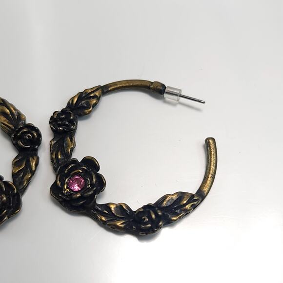Vintage Bronze Floral Hoop Earrings with Pink Rhinestone Accents Jewelry - Picture 4 of 10